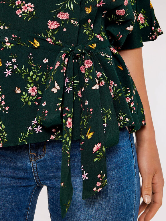 Painterly Floral Tie Top, Green, large