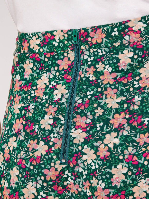 Ditsy Floral Print Midi Skirt, Green, large