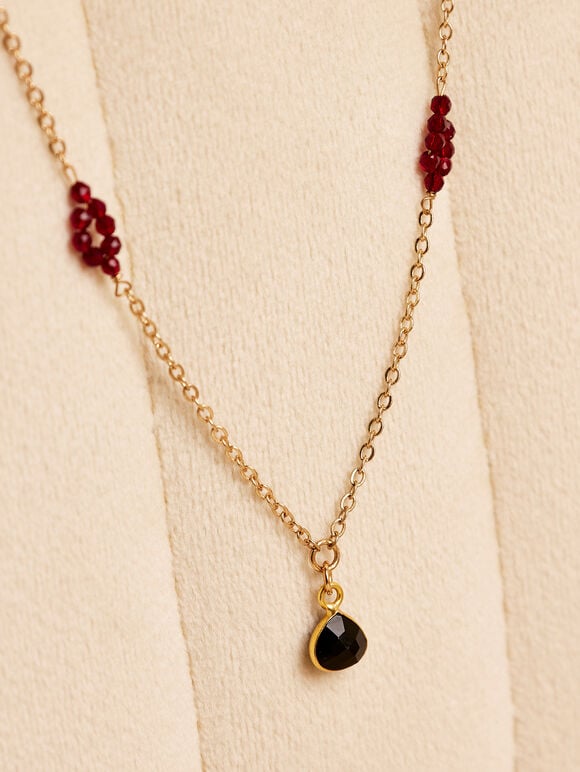 Gold Tone Black And Red Stone Necklace, Black, large