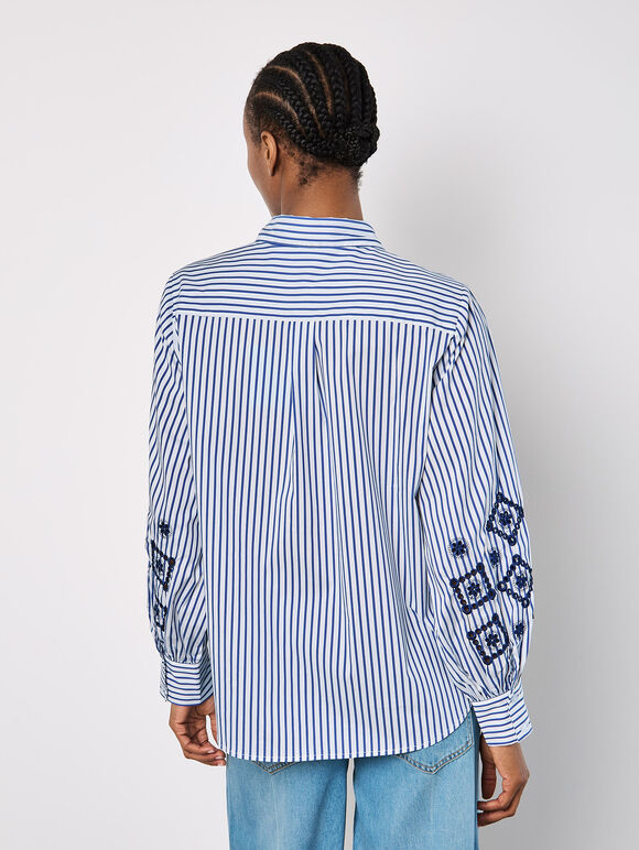Embroidered Sleeves Stripe Shirt, Blue, large