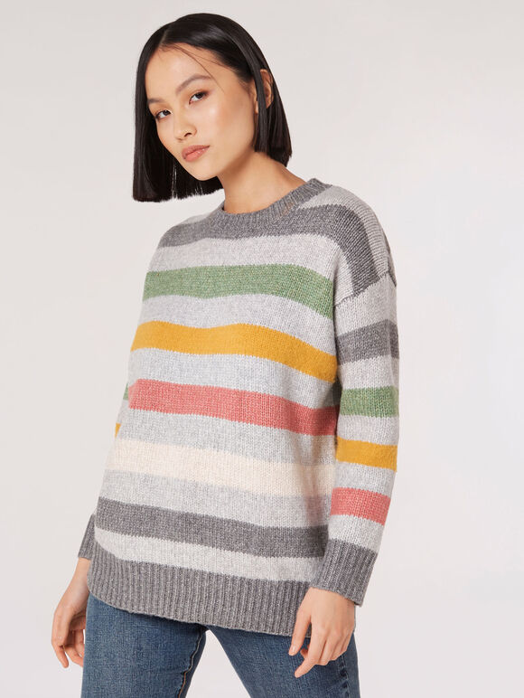 Colourful Stripe Oversized Jumper, Grey, large