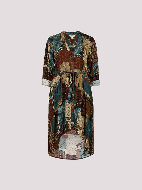 Patchwork Paisley Shirt Mini Dress, Rust, large