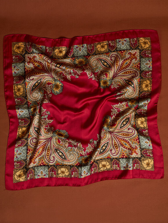 Printed Satin Scarf, Red, large