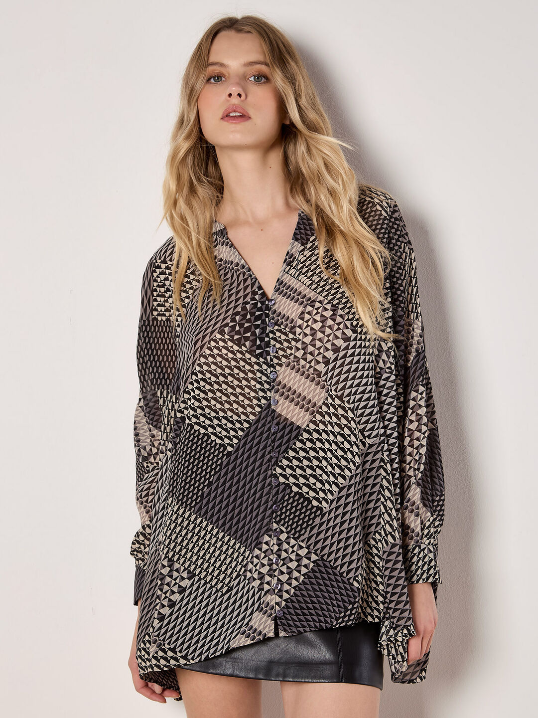 Image of Geo Patchwork Chiffon Shirt