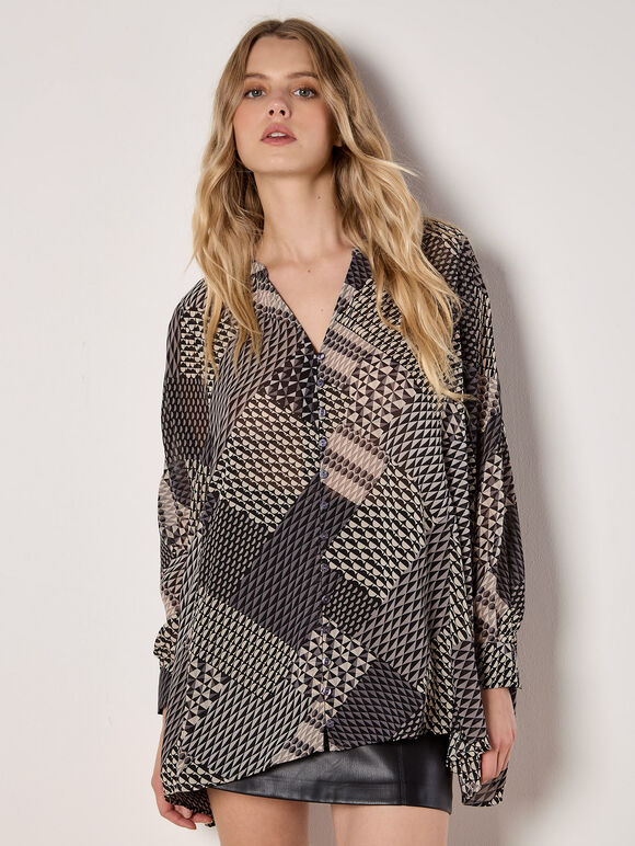 Geo Patchwork Chiffon Shirt, Grey, large