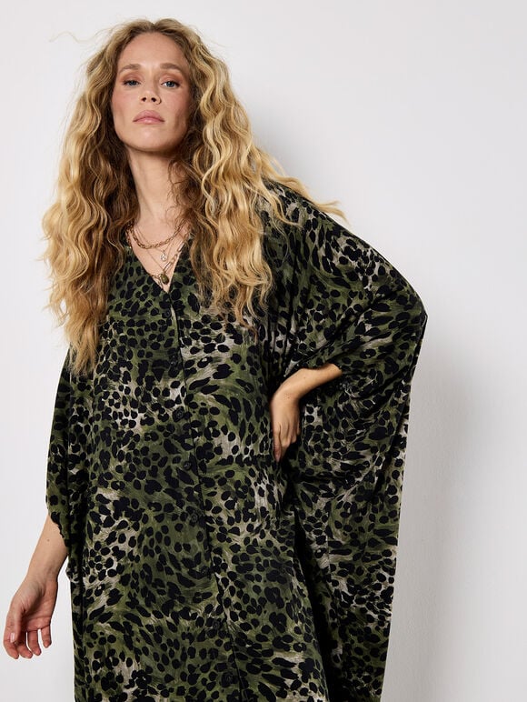 Leopard Print Kimono Midi Dress, Khaki, large