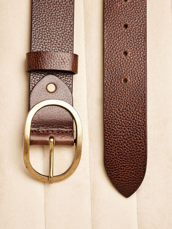 Leather Gold Buckle Belt, Brown, large