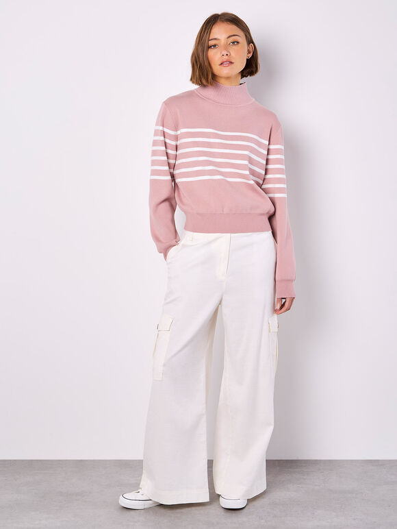 Mock Neck Stripe Jumper, Pink, large