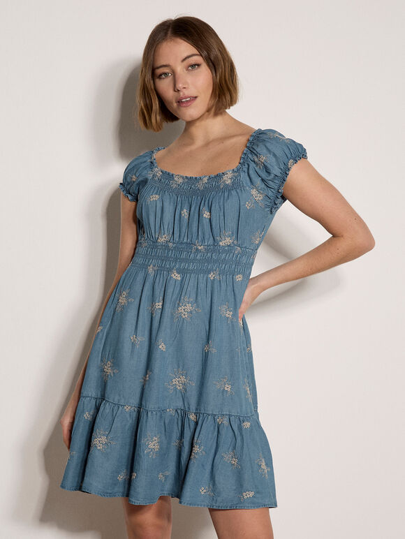 Denim Floral Embroidered Mini Dress, Blue, large