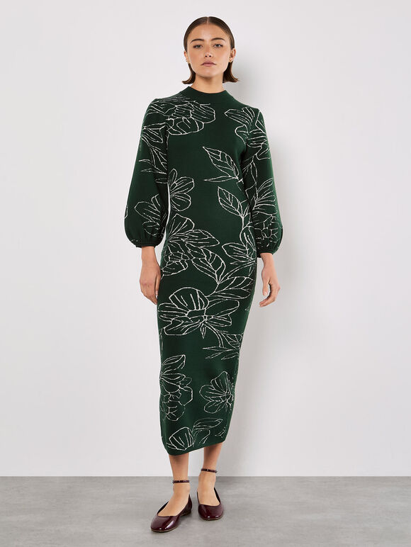 Floral Knitted Midi Dress, Green, large
