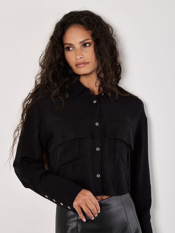 Soft Twill Cropped Shirt, Black, large