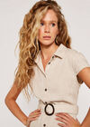 Linen Blend Belted Shirt Midi Dress, Stone, large