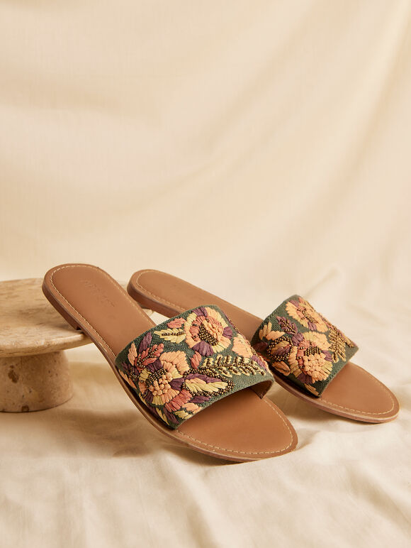Embroidered Canvas Flat Sandal, Green, large