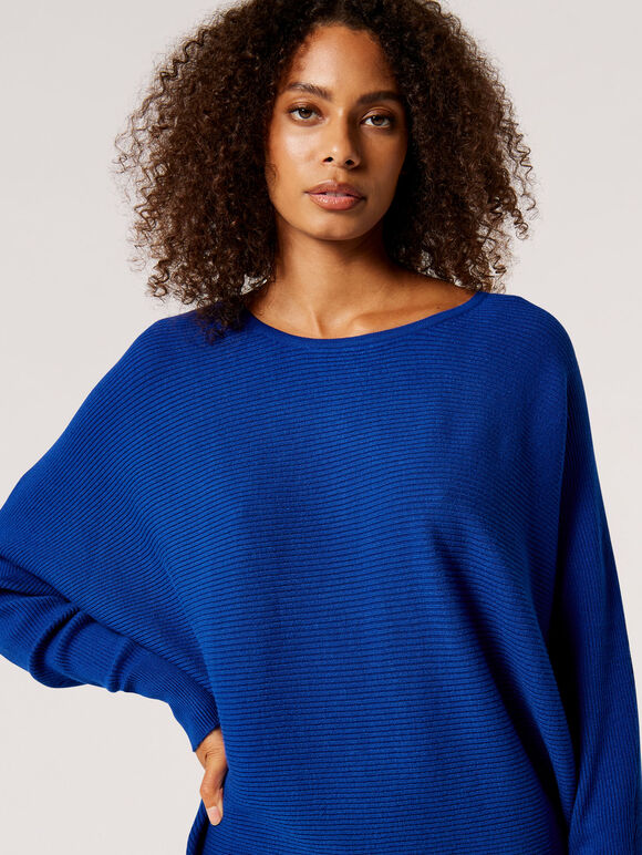 Batwing Longline Ribbed Jumper, Blue, large