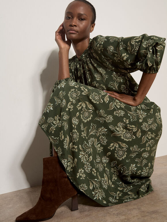 Folk Floral A-Line Midi Skirt, Green, large