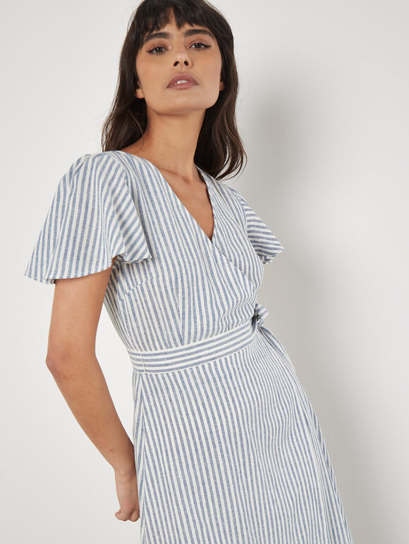 Oxford Stripe Wrap Midi Dress, Blue, large