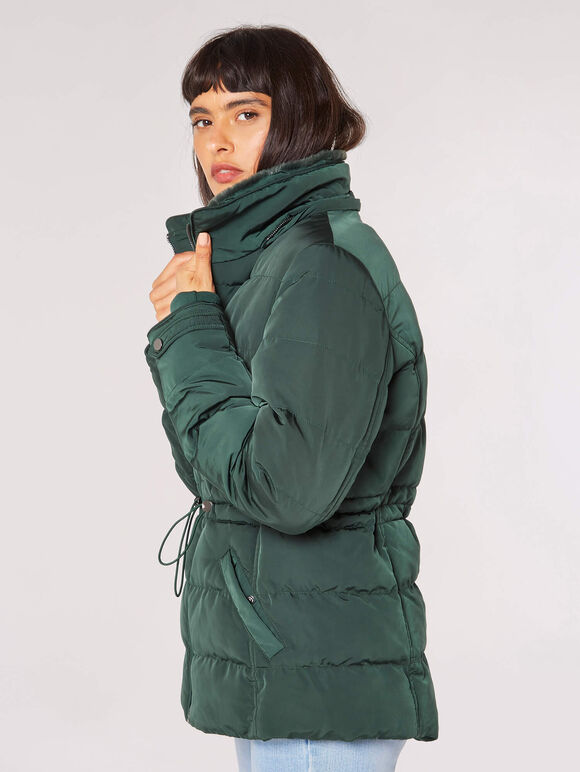 Faux Fur Hood Puffer Jacket, Green, large