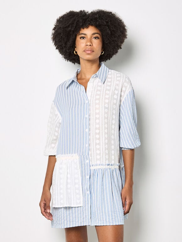 Mix Stripe Shirt Mini Dress, Blue, large