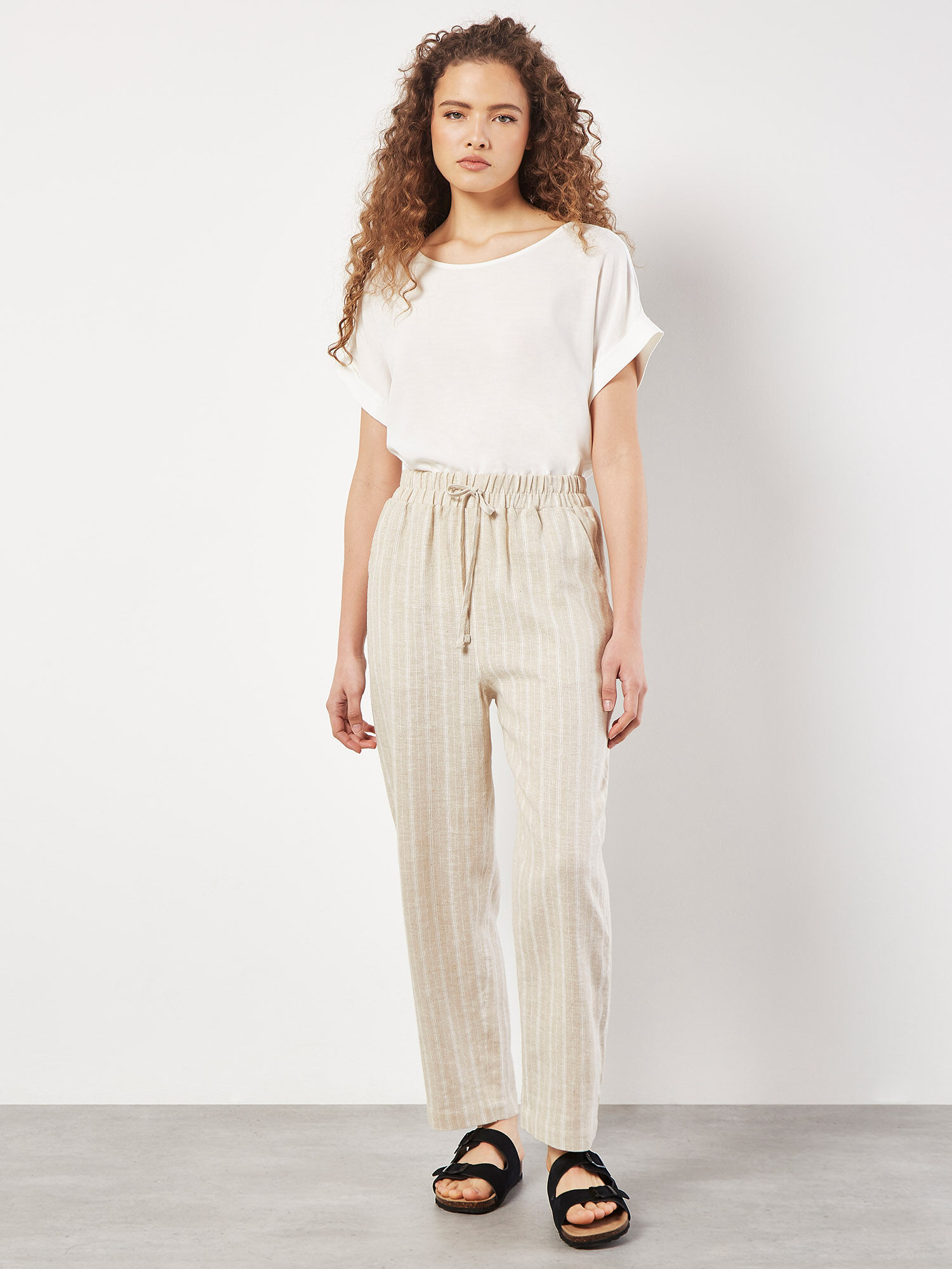 Linen Blend Stripe Joggers Apricot Clothing