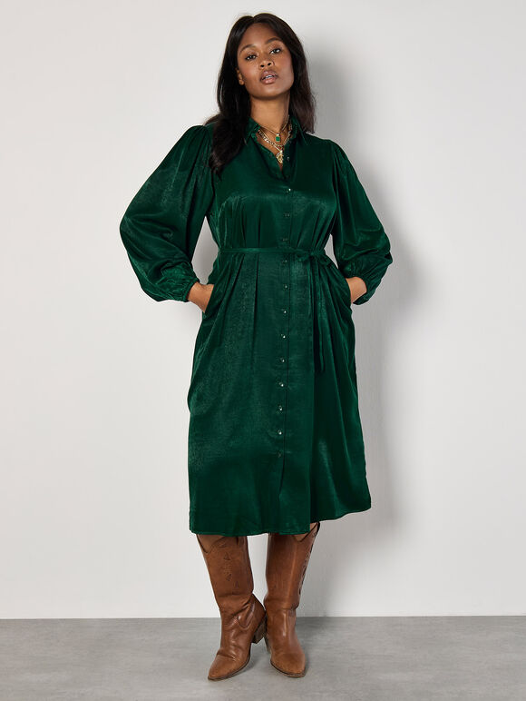 Curve Satin Shirt Midi Dress, Green, large