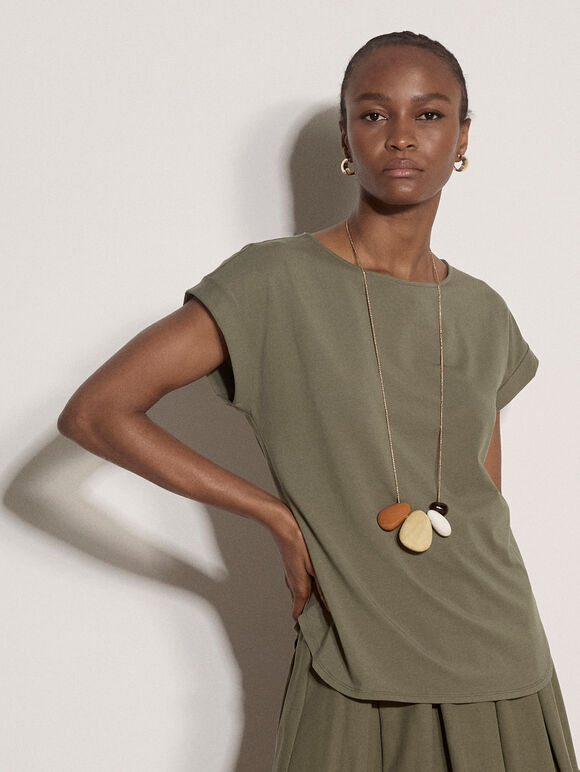 Turn-Up Sleeves Jersey T-Shirt, Khaki, large