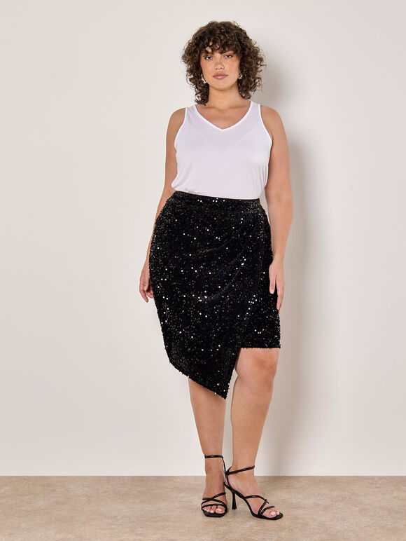 Curve Velvet Sequin Wrap Mini Skirt, Black, large