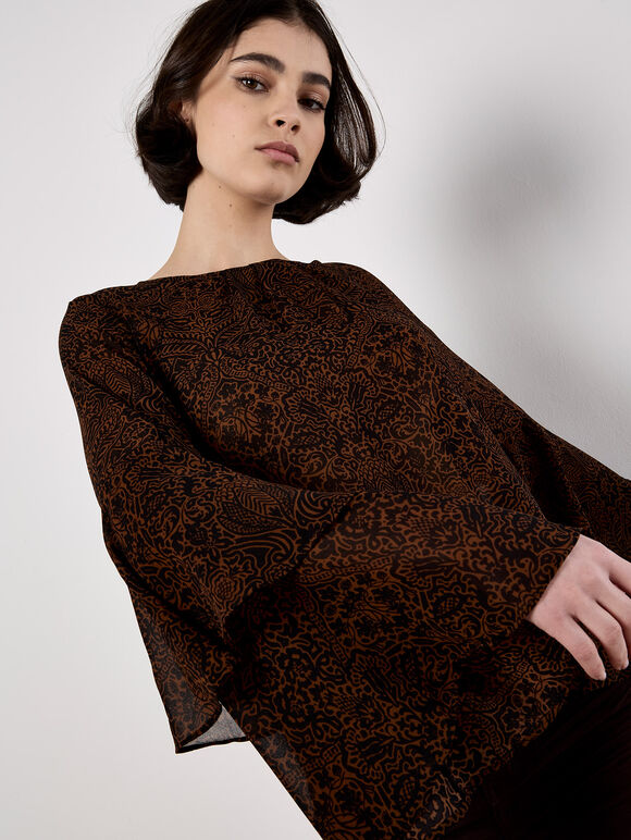 Paisley Print Ruffle Sleeve Blouse, Rust, large