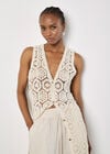 Crochet Longline Sleeveless Cardigan, Stone, large