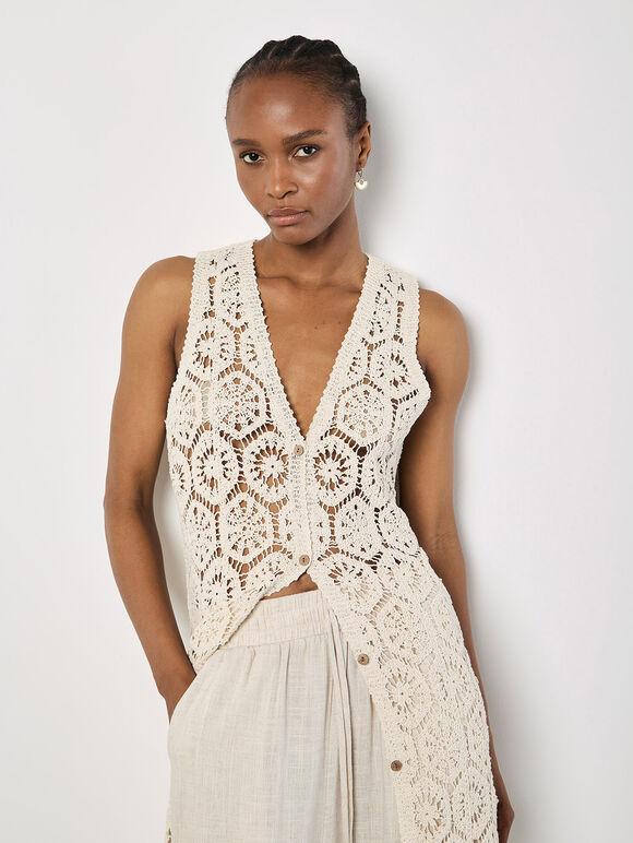 Crochet Longline Sleeveless Cardigan, Stone, large