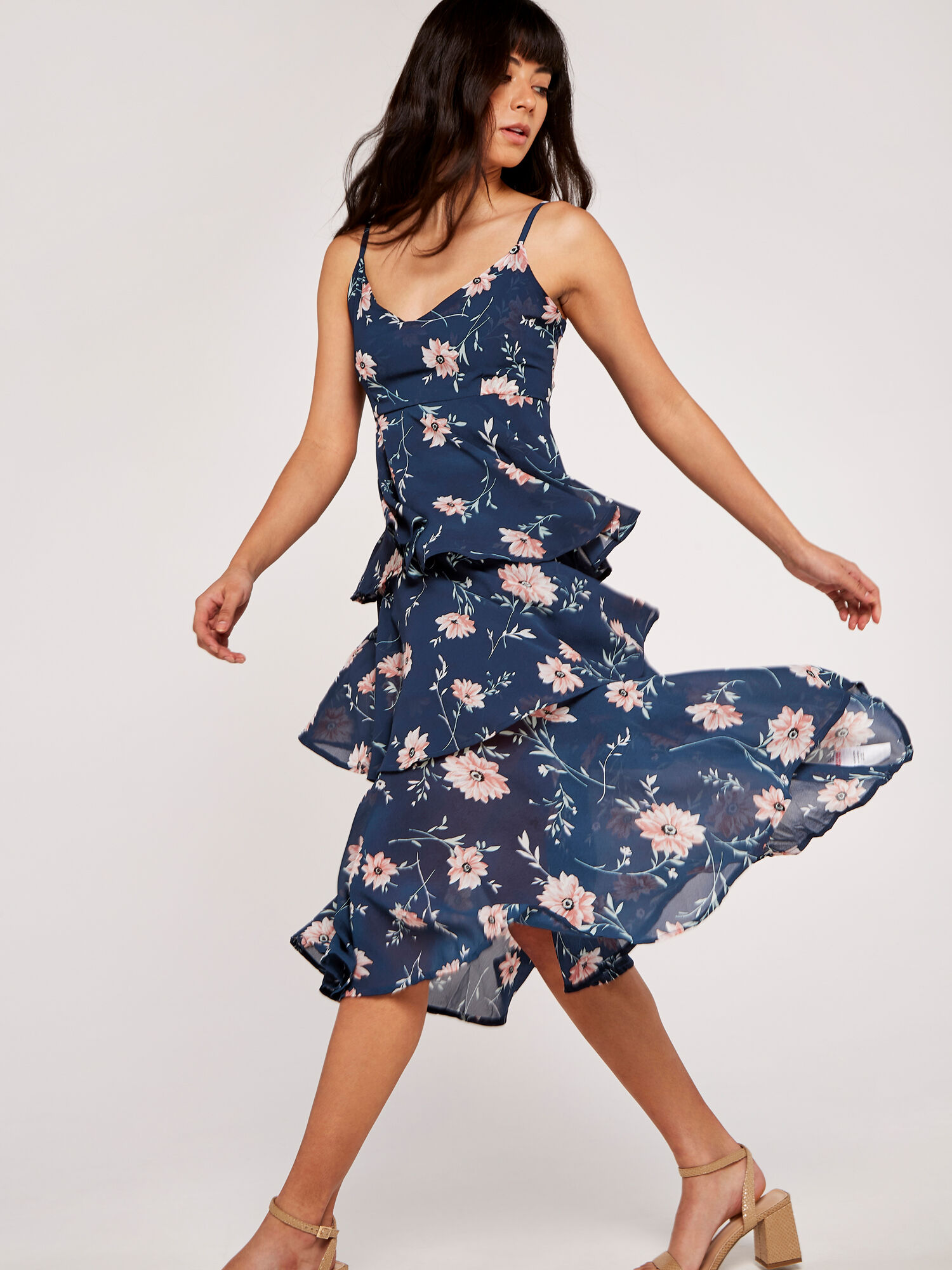 Floral Tiered Midi Dress Apricot Clothing