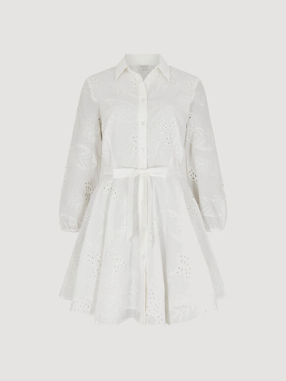 Tropical Embroidered Shirt Mini Dress, White, large