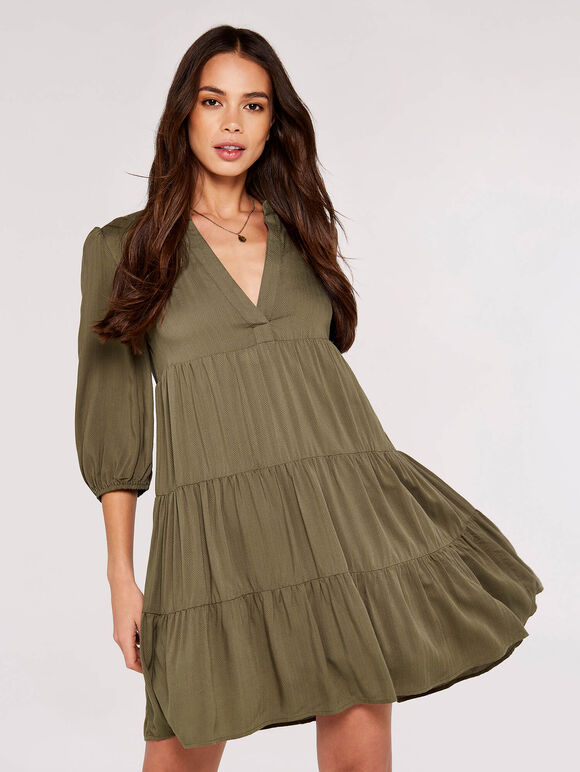 Herringbone Tiered Mini  Dress, Khaki, large