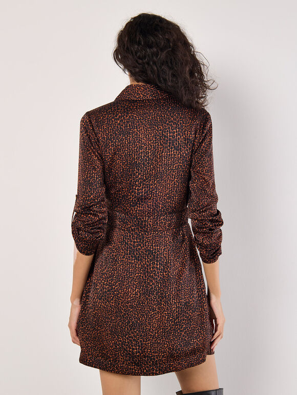 Animal Print Satin Wrap Mini Dress, Rust, large