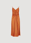 Ruched Satin A-Line Midi Dress, Orange, large