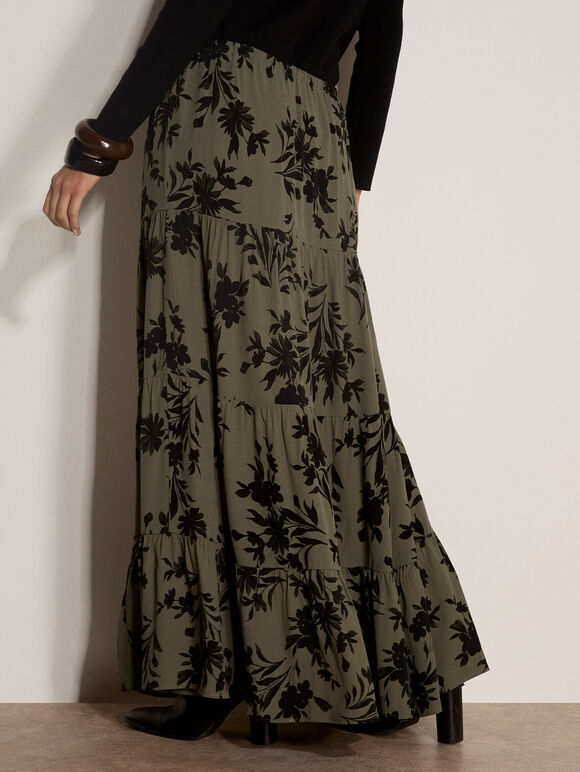 Floral Silhouette Crepe Midi Skirt, Khaki, large