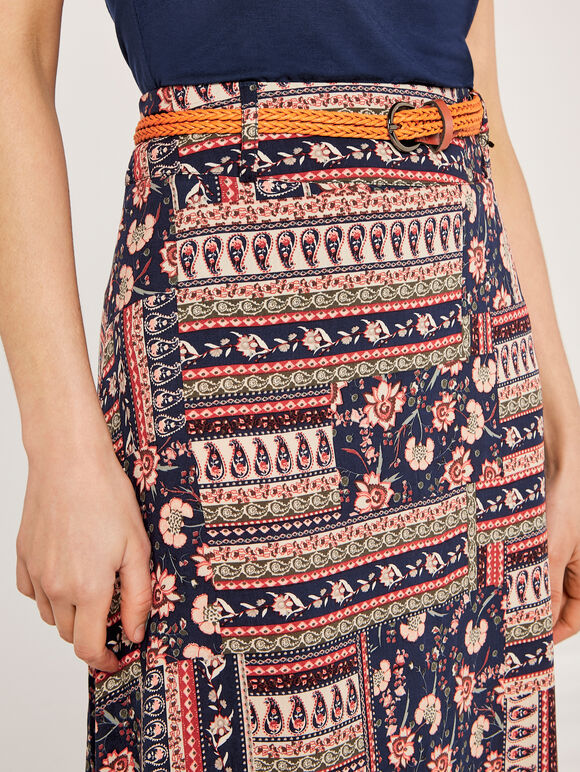 Patchwork Belted Skirt, Navy, large