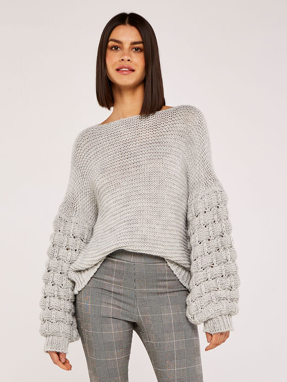 Chunky Weave Knit Sleeve Jumper, Grey, large