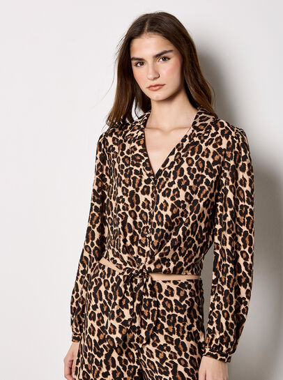 Leopard Print Tie Front Crop Shirt