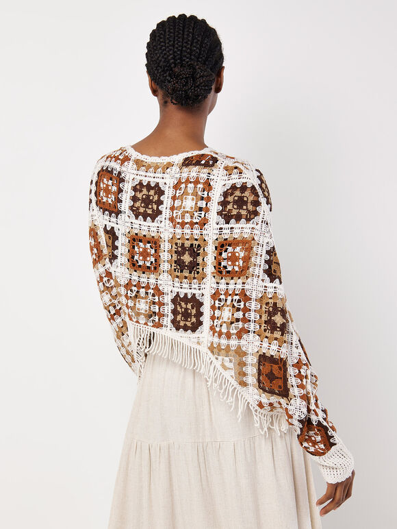 Fringed Crochet Squares Poncho Top, Stone, large