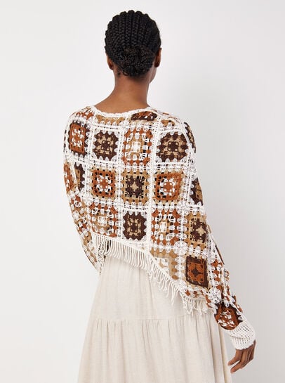 Fringed Crochet Squares Poncho Top