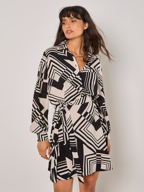 Geo Squares Shirt Mini Dress, Stone, large