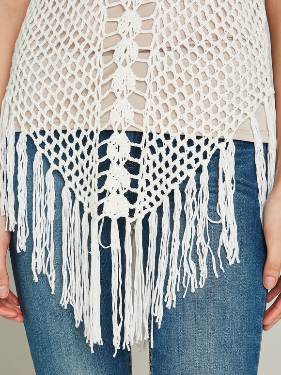 Crochet Curved Fringe Hem Top, Cream, large
