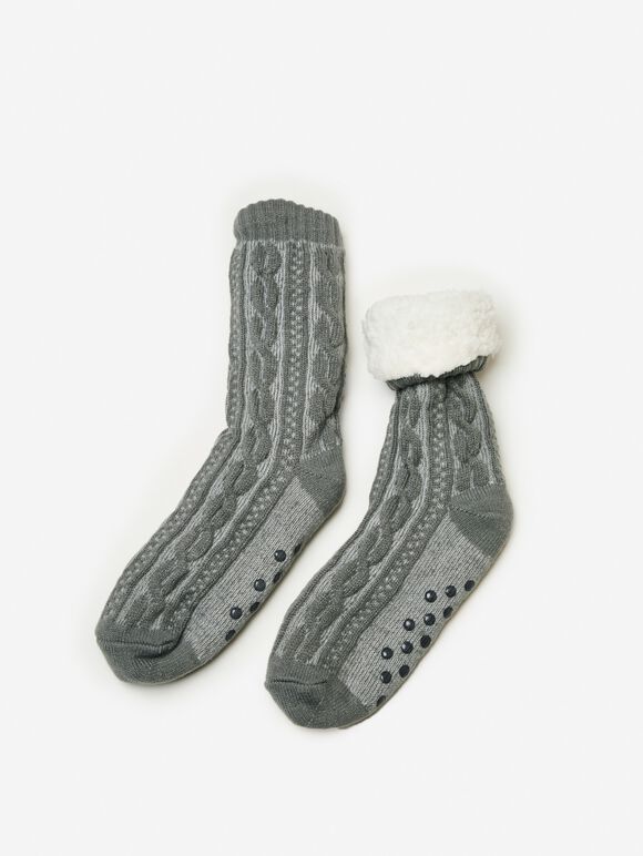 Fluffy Lining Aran Knit Socks, Grey, large