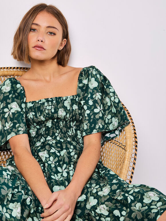 Smocked Cotton Floral Mini Dress, Green, large