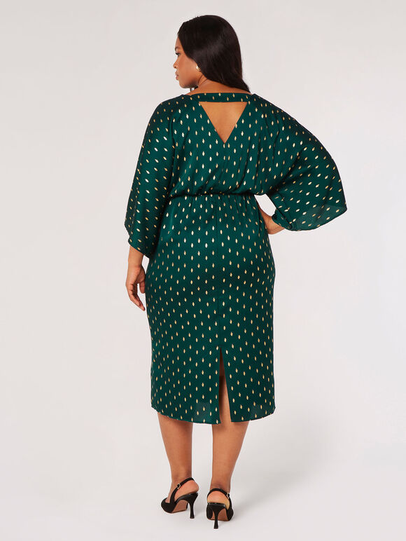 Curve Gold Foil Satin Midi Dress, Green, large