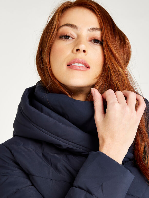 Asymmetric Zip Puffer Jacket, Navy, large