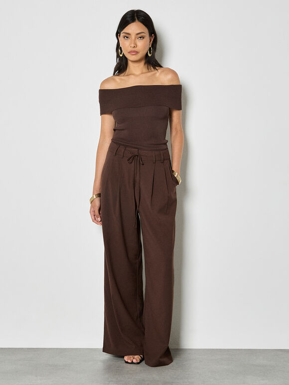 Rib Knit Bardot Top, Brown, large