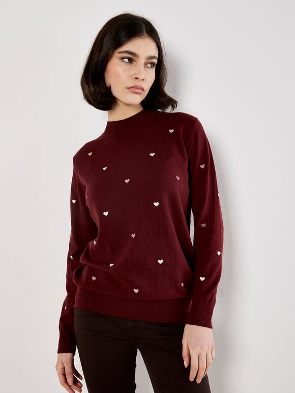 Embroidered Hearts Fine Knit Jumper, Burgundy, large