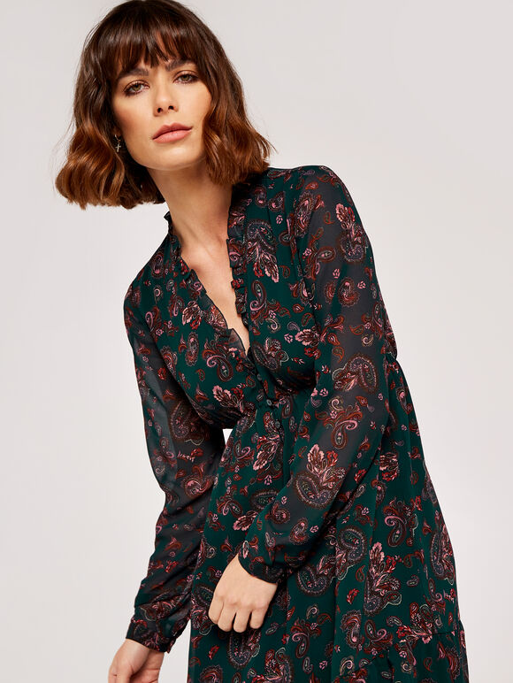 Paisley Long Sleeve Ruffle Dress, Green, large