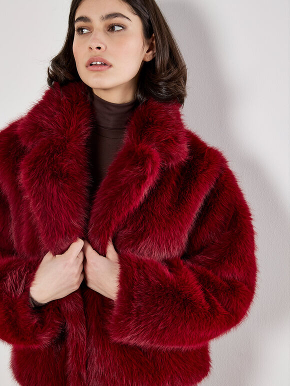 Faux Fur Short Coat, Burgundy, large